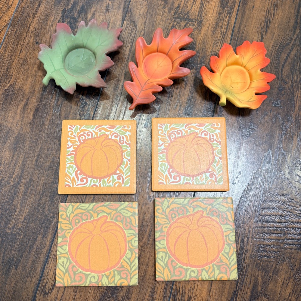PartyLite Leaf Candle Holders & Pumpkin Coasters Set Multi Fall Decor